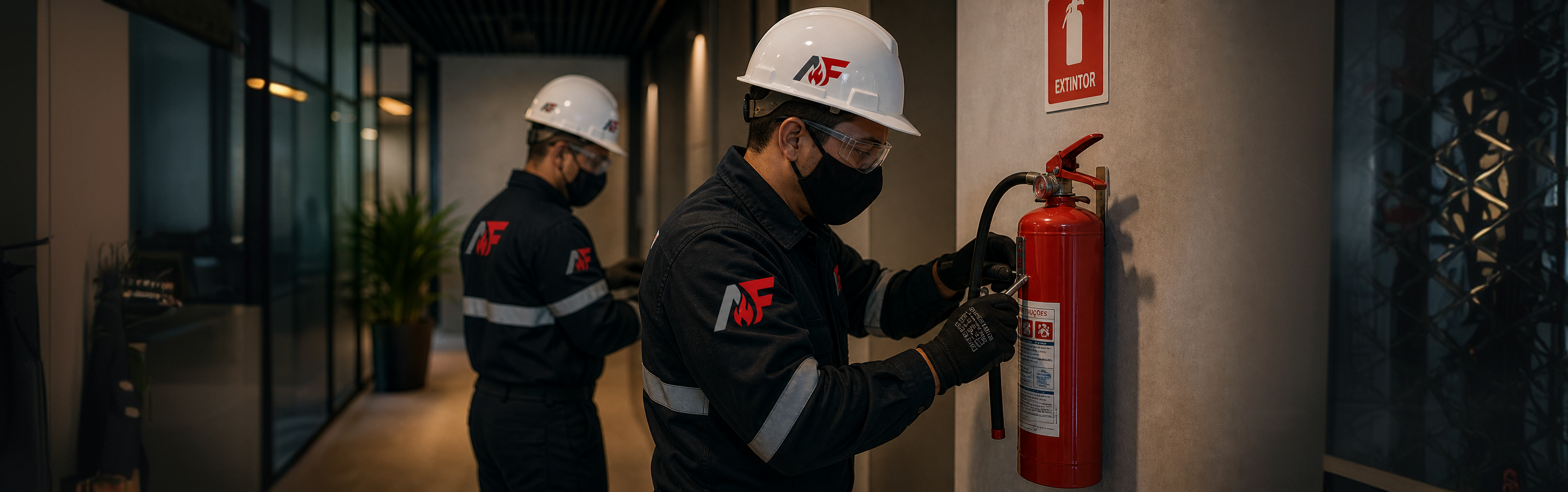 Equipe técnica da American Fire DF inspecionando um extintor em campo